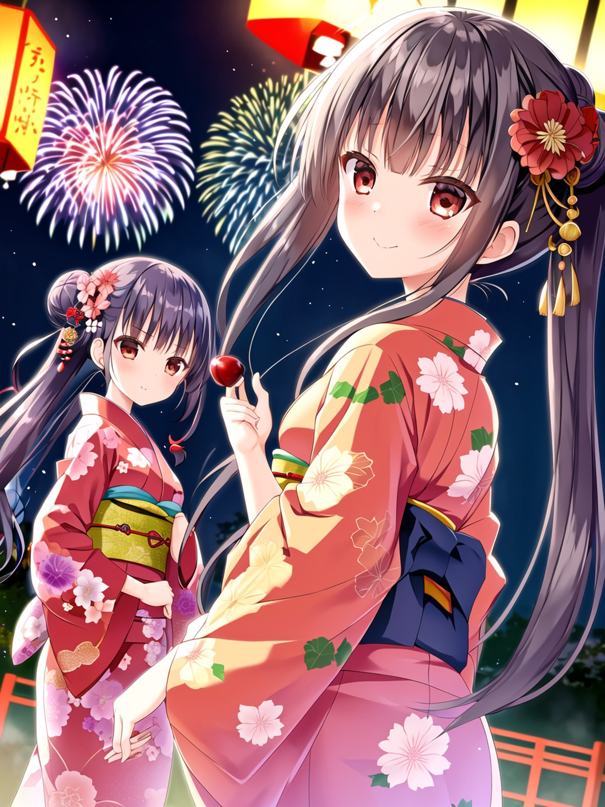 masterpiece, best quality, 2girls, full body, fireworks, japanese clothes, kimono, candy apple, solo, hair ornament, looki...